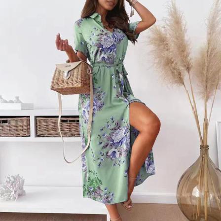 Kvinnor Kortärmad Lång Klänning Lapel Collar Summer Beach Sundress