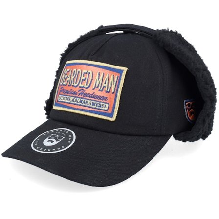 Bearded Man - Svart earflap Caps - Logo Patch Red/Blue Golfer Cotton Black Earflap @ Hatstore