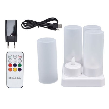 Uppladdningsbara LED-flimrande flamlösa ljus Färgglada värmeljus med fjärrkontroll och laddningsstation för fester 100–240V UK-kontakt