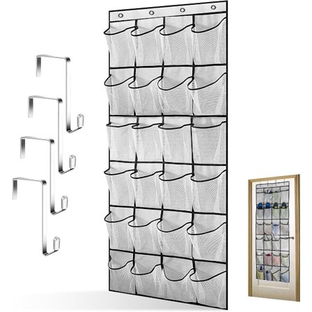 Hengende Skohylle - m/ 24 nettinglommer og 4 kroker - Over-døren-oppbevaringshylle - Oppbevaringslommer