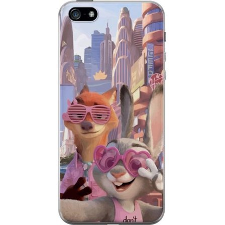 Kompatibelt Mobildeksel til Apple Apple iPhone 5 Animerede dyr i et solfylt bymiljø med rosa solbriller og en positiv melding i en fargerik feel-good