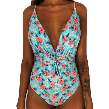 Kvinnor V-ringad One Piece Bikini Multi-Way Bandage Monokini Boho Floral Baddräkt