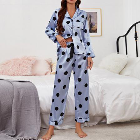 Kvinnor Tvådelade Pyjamasdräkter Långärmad Button Down Nattkläder Blue Circle M