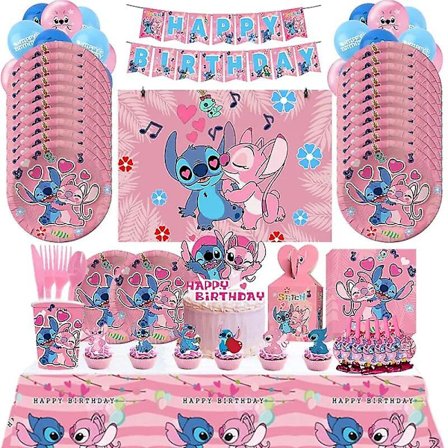 Rosa Stitch Bursdagsfest Dekorasjon Lilo Og Stitch Tema Servise Engleballer Plater Kopper Tilbehør For Jenter