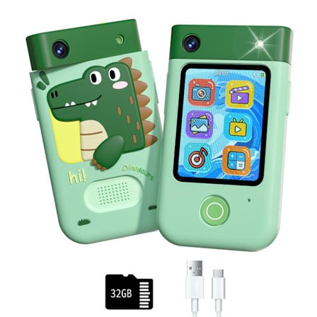 Digitalkamera 2.8" Touchskærm med Roterende Kamera, 32G SD Kort (Grøn dinosaur)