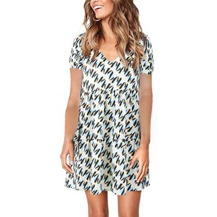 Kvinnor V-ringad Sommar Sexig Klänning Kortärmad Layered Print Pocke