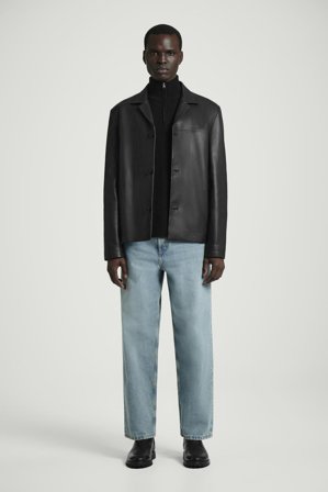 COS Men's Camp-Collar Leather Jacket in Black