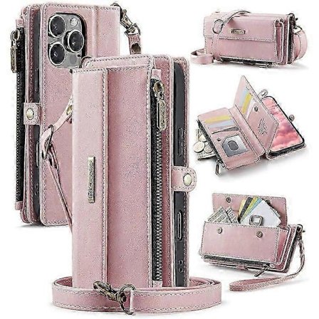 Etui til iPhone 13 Pro Max med 9 kortpladser, lynlåspung, stativ, lædercover med rem