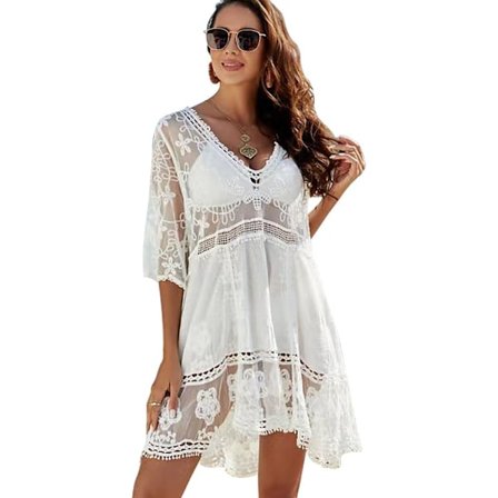 Strandklänning för kvinnor, spets V-ringad baddräkt transparent, strandponcho bikiniöverdrag, elegant sommarklänning för badmode, strandsemester