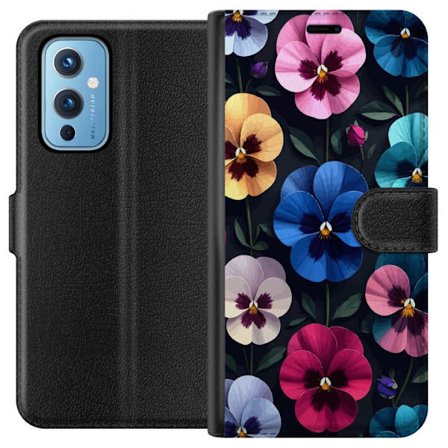 Kompatibelt Lommeboketui til OnePlus 9 Dekorativt blomstermønster med fargerike pensélignende blomster og mørk elegant bakgrunn
