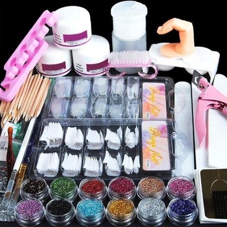 Akryl nagelset: Akrylpulver med allt professionellt för nybörjare glitterpulver falska nagelspetsar nageldekorationer verktyg startset