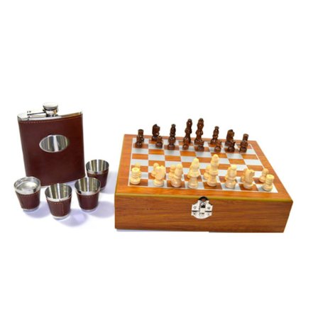 chess game with flask and shot glasses