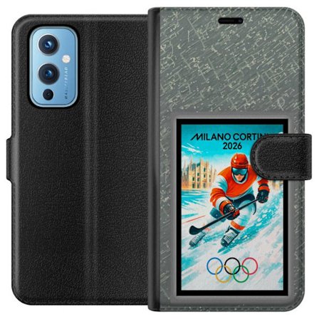 Yhteensopiva Lompakkokotelo OnePlus 9 Curlingkuvitus pelaajilla ja kivillä jäällä, Milano Cortina 2026, lumisia roiskeita ja olympiasormukset