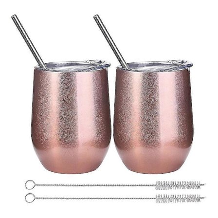 2-pack Vinglas med Lock, 35 cl Dubbelväggiga, Vakuumisolerade Vinglas i Rostfritt Stål Med Sugrör