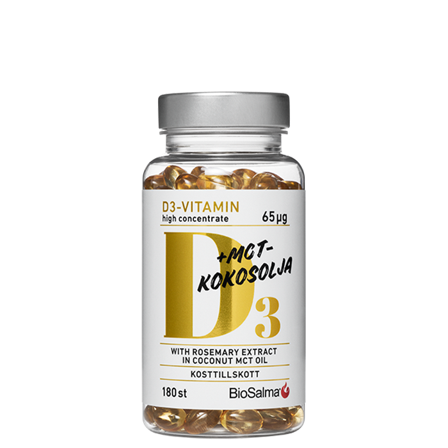 BioSalma Vitamin D3 65μg i MCT-kokosolje 180 kapsler