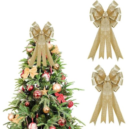 2 STK. Glitrende stoffsløyfer til juledekorasjon, julegirlandersløyfer, stor gull julesløyfe 24 * 41 cm, hengende dekorasjon til juletre