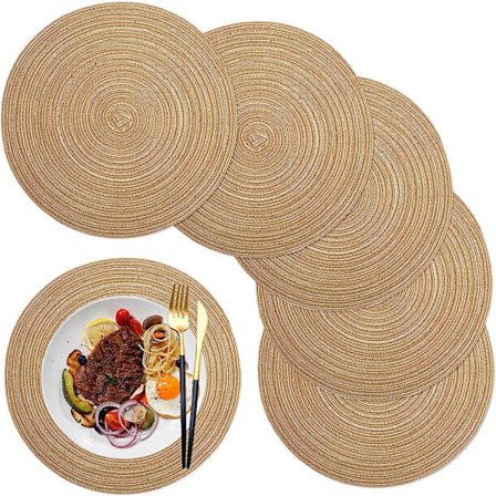 Plassmatter, Runde PP Flettede Plassmatter Sett med 6 Vaskbare Varmebestandige