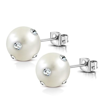 Stiftörhängen Stud Örhängen i Kirurgiskt Stål 316L i Silver Färg med Benvit Pärla & Klara Cubic Zirconia - 8 mm