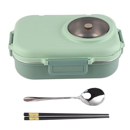Rustfrit Stål Dobbeltlags Bento Box - 1100ml Kapacitet, 3 Rudes Design, med Spisepinde, Ske og Suppeskål - Grøn