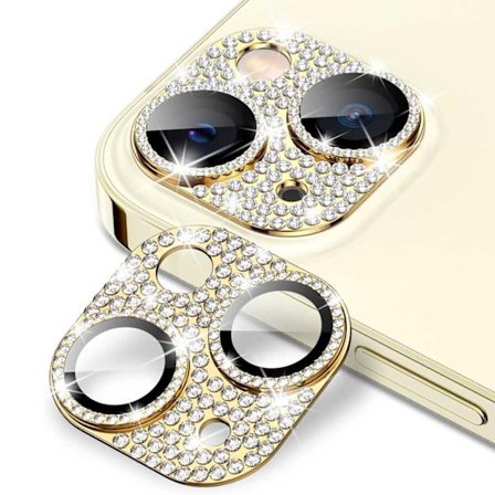 iPhone 15/15 Plus -kameran suojaus Bling Tempered Glass Gold