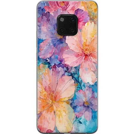 Yhteensopiva Puhelinkuori Huawei Huawei Mate 20 Pro Vesivärimaalaus suurilla kukilla vaaleanpunaisissa, sinisissä ja keltaisissa sävyissä pehmeäs
