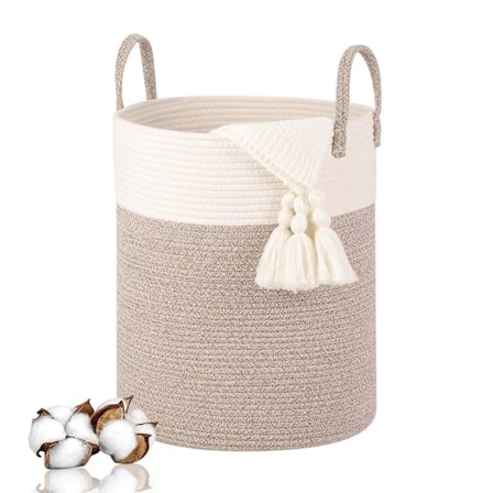 Woven Cotton Laundry Basket, 53L Hamper with Handles, 46x38cm