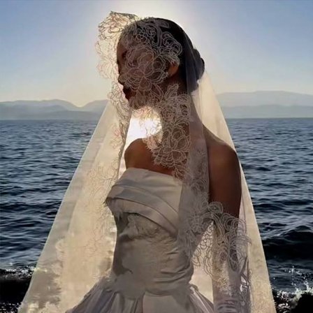 Brud romantisk slør fuld blonde luksus katedral bryllupstilbehør langt hvidt slør