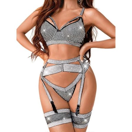 Hofteholder lingeri til kvinder, sexet blonde lingeri, gennemsigtigt matchende 4-delt lingerisæt sort sølv