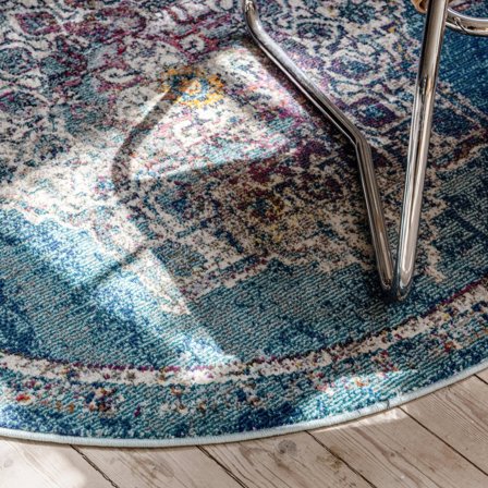 Washable Round Rug Ø 120, Georgia Oriental - Blue, Cotton OEKO-TEX
