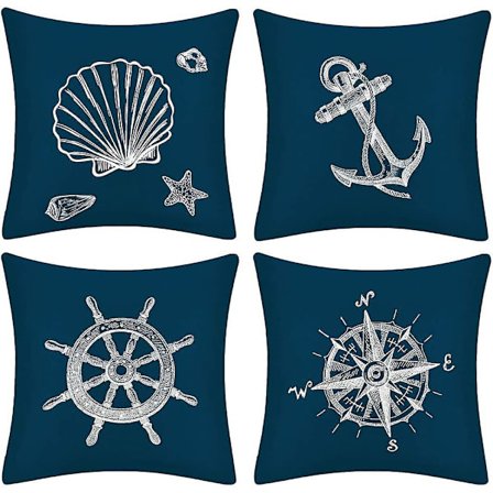 Sett med 4 Kompass Navigasjon Marine Stil Dekorative Sofaputetrekk Geometrisk Mønster (45 X 45 Cm)