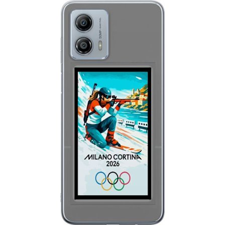 Yhteensopiva Puhelinkuori Motorola Moto G53 Retrojuliste Cortina Milano 2026 vuorilla, talviurheilijoilla, italiankoloreilla, Milanon tuomiokirkolla j