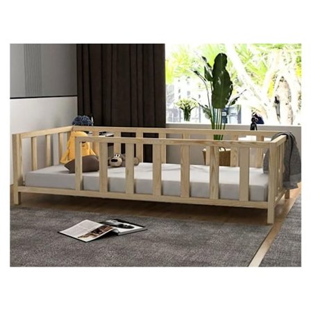 Børneseng med sikkerhedsbøjler fra Profiwood møbler til børneværelse, lavet af naturligt fyrretræ, 90x160 cm