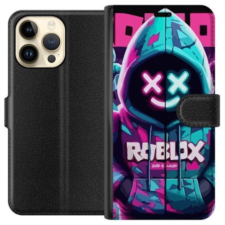 Kompatibel Tegnebogsetui til Apple iPhone 14 Pro Max Roblox neon hættegenser close-up med intensiv close-up af kostume karakter i pink og blå neon lys