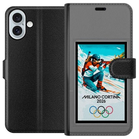 Yhteensopiva Lompakkokotelo Apple iPhone 16 Plus Retrojuliste Cortina Milano 2026 vuorilla, talviurheilijoilla, italiankoloreilla, Milanon tuomiokirko