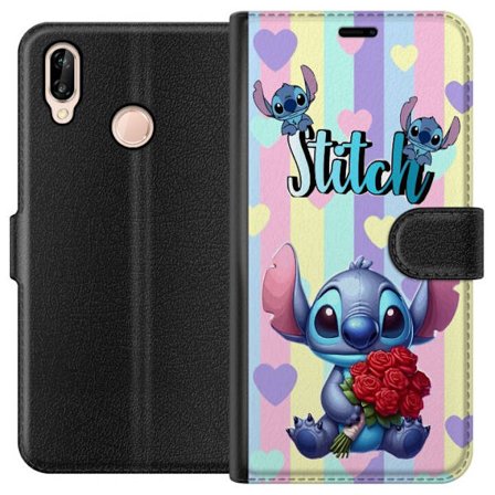 Kompatibel Tegnebogsetui til Huawei P20 lite Romantisk illustration af Stitch der holder røde roser mod stribet baggrund