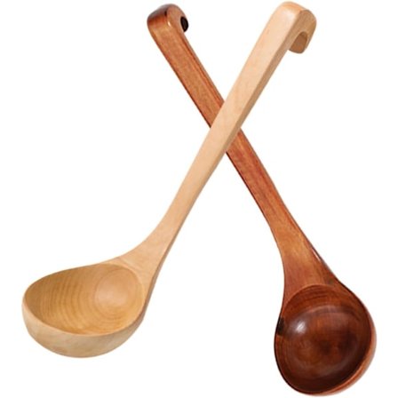 Håndlavede suppeskeer med langt skaft, træsleve til madlavning og servering, behagelige at holde, opbevaringskrog
