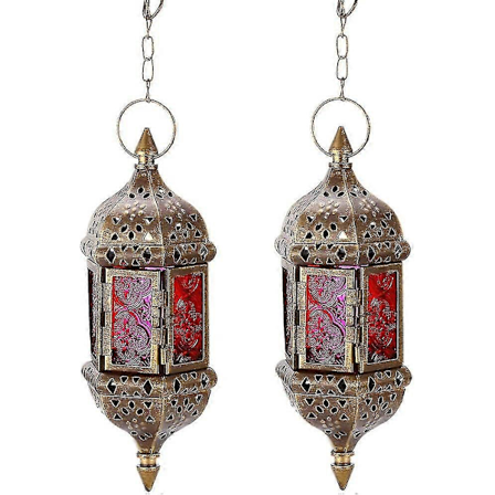 2 stk. Hængende Lyslygte Retro Marokkansk Lysestage Hul Metal Glas Lysestage