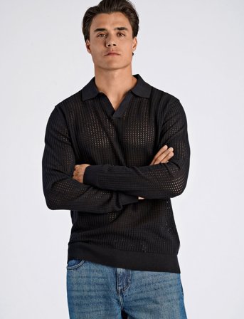 Lindbergh Crochet Knit L/S V-Neck Polo - Black - M