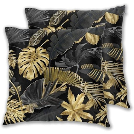 Putevar, Gull og svarte tropiske blader på mørk bakgrunn Putetrekk 45x45 cm Sett med 2 dekorative puter
