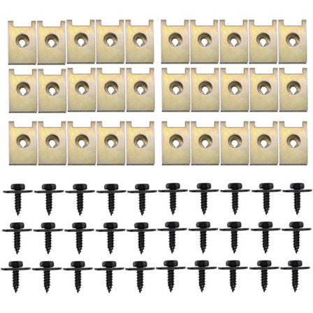 U-klipsit ja auton korin ruuvit, metalliset mutterit ja pultit auton kiinnitinleikkeisiin, U