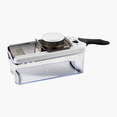 Biltema - Multihakker/Mandolin med Seks Kniver, Justerbar Skivetykkelse, 1,5L Kapasitet - Rustfritt Stål og Plast