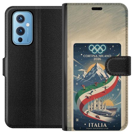 Yhteensopiva Lompakkokotelo OnePlus 9 Mäkihyppykuvitus, jossa hiihtäjä tähtää kiväärillä lumisella radalla, teksti Milano Cortina 2026 ja olympialaist