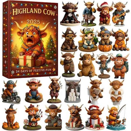 2025 Highland Ko Adventskalender, 24-dages Julekalender, Leveres med 24 Forskellige 3D Miniature Highland Ko Dekorationer (FMY)