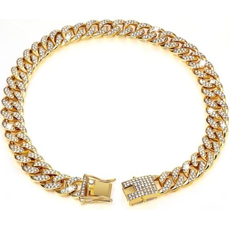 Hundkedja Diamond Cuban Collar Walking Metal Chain Collar med Design Säkert spänne, Pet Cuban Collar Smycken (guld, 14 tum)