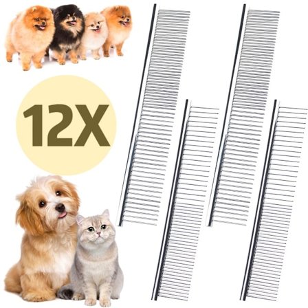 12x Djurkammar - Hundkam i rostfritt stål - Runda tänder - Rengöringsverktyg - För att ta bort knutar, tovor och löst hår - Portabel och säker - 
