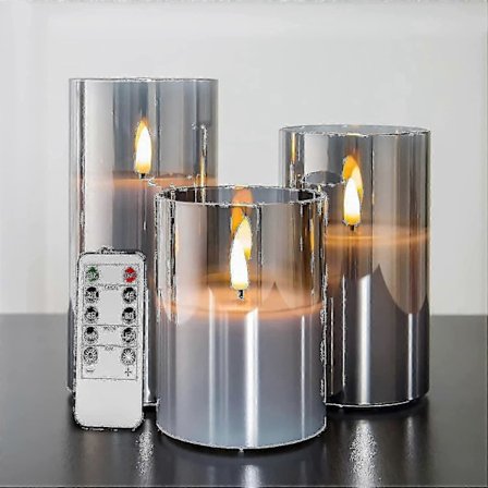 Sølvgrå Glass Flammeløse Flimrende Lys med Fjernkontroll, 3-pakning Realistiske LED-Lys 3" H 4" 5" 6"