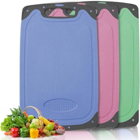 Sett med 3 plast skjærebrett, Charcuterie-brett med saftrenne, 3 forskjellige farger, lite ostebrett for grønnsaker, kjøtt, fisk, brød, 35x22 cm