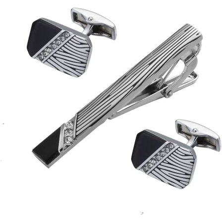 Manchetknapper og slipsenål til mænd Sæt Sølv og Sort Stribet Slips Slipsenål Clips Rektangel Rund Manchetknap Herre Business Skjorter Smoking 