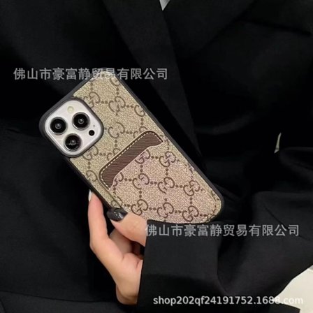 Fodral för iPhone16promax Khaki G läder korthållare slot high end trendigt märke gammal blomma in