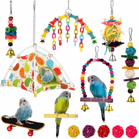 13 Pak Fugle Budgie Legetøj Papegøje Gynge Tyggelegetøj Fuglerede Hytte Hængekøje Stativ Hængende Klokke Fuglebur Legetøj til Parakitter, Fugle